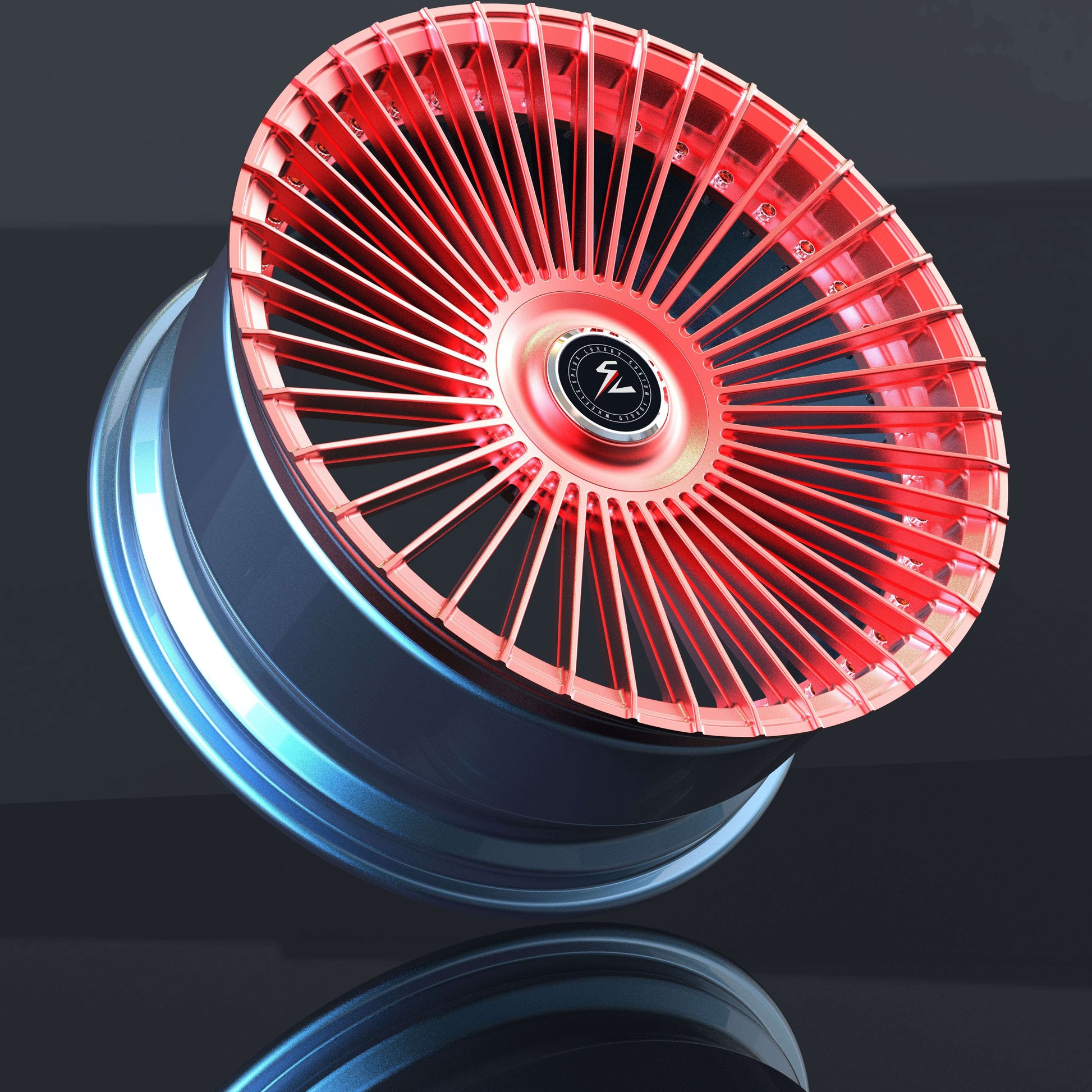 Custom 2010 Cadillac Escalade wheels, multi-spoke, concave, red and blue finishes, 24-inch rims.