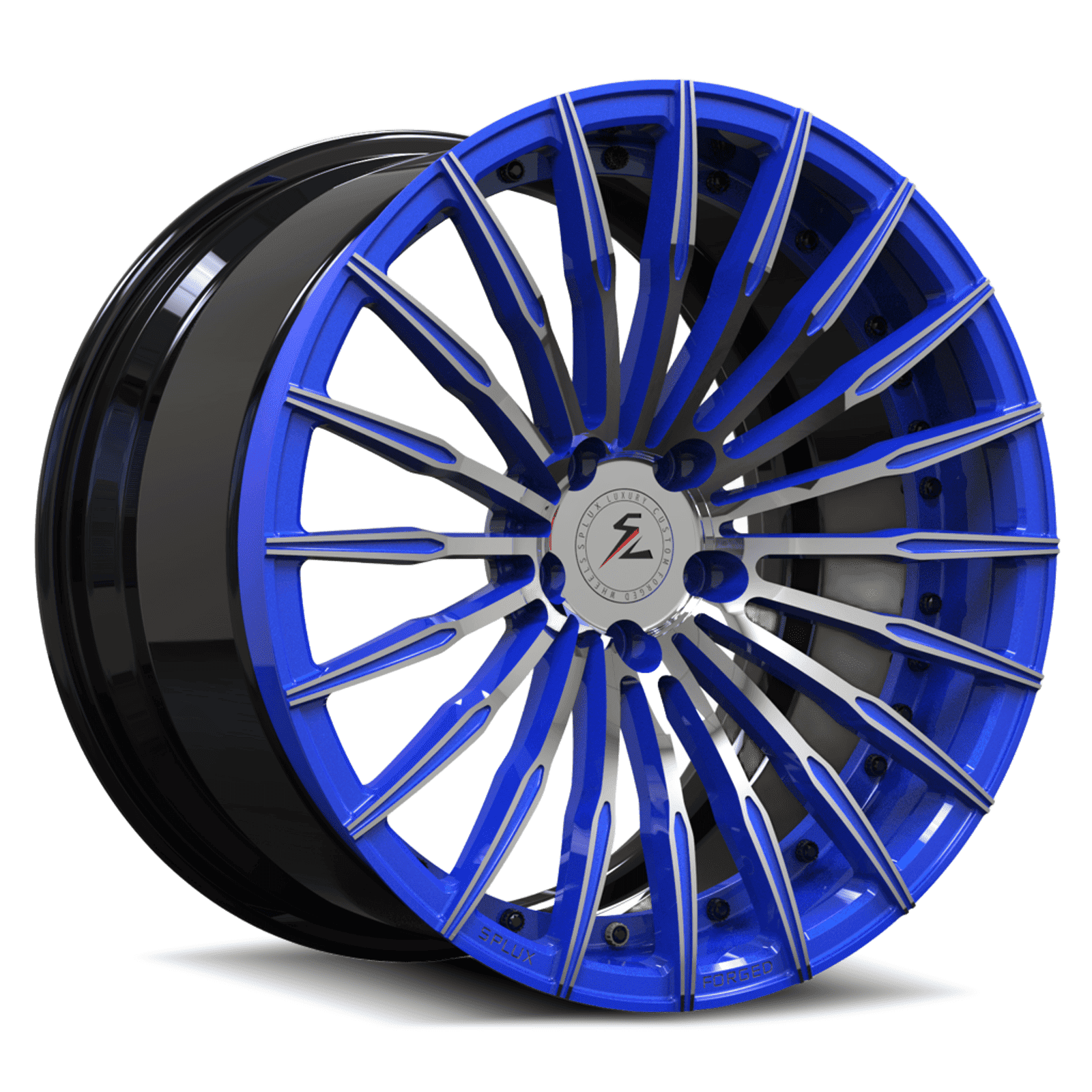 dark blue and black rims with chrome accent. more spoke with ultra concave custom design in 19 inch 5 lug.