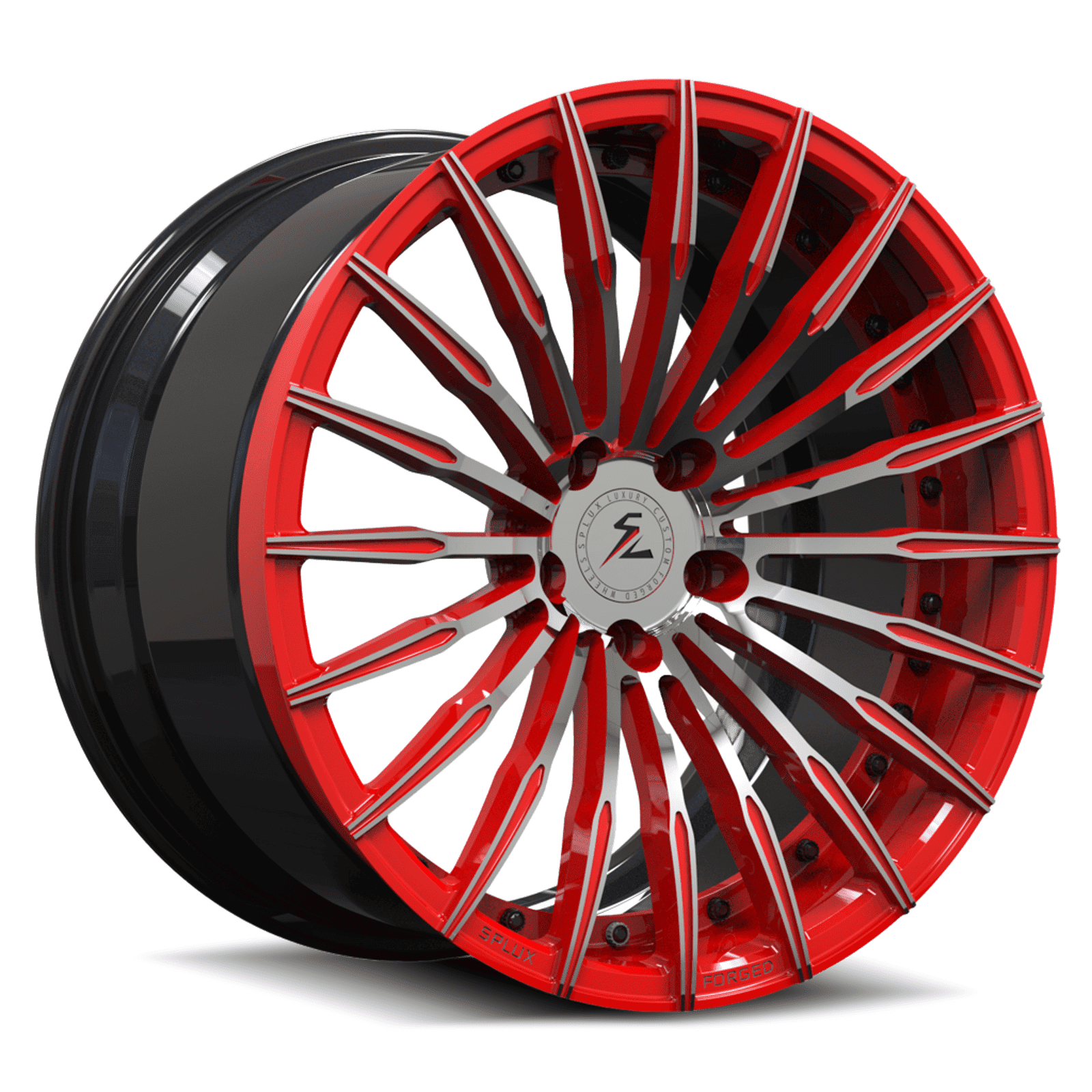 black rim with red trim and chrome accents.forged 2-piece deep concave aftermarket rims.
