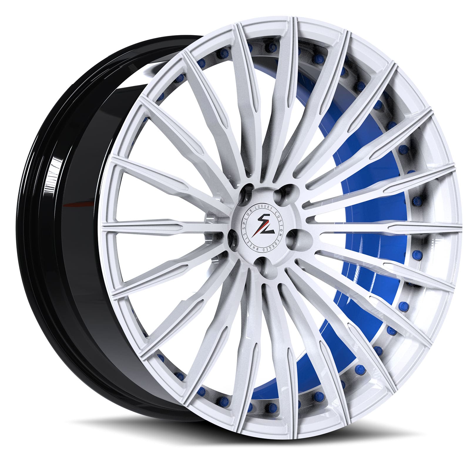 350Z blue car with white wheels from Splux SL-C24. Super luxury concave wheels, fully forged for performance.