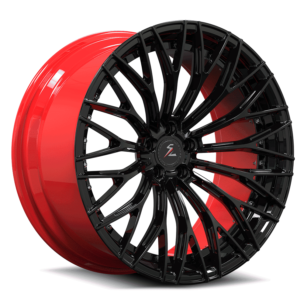 Jeep Wrangler black and red 20-inch wheels with super concave style. Aftermarket Jeep wheels from Splux.