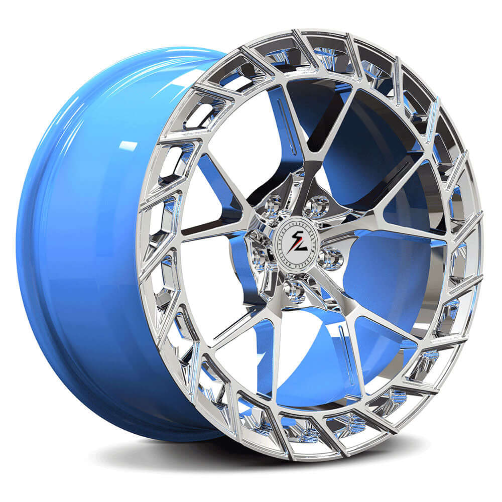 Custom c6 corvette oem wheels, 20 inch forged monoblock, concave y-spoke polished blue design by Splux SL-C39 