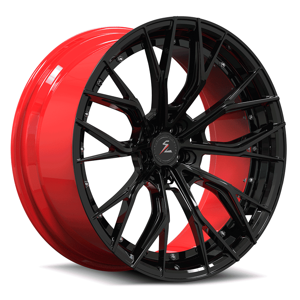 Red Corvette with black rims from Splux. Concave forged wheels, custom-made per order for a perfect fit on Corvette C1-C8.