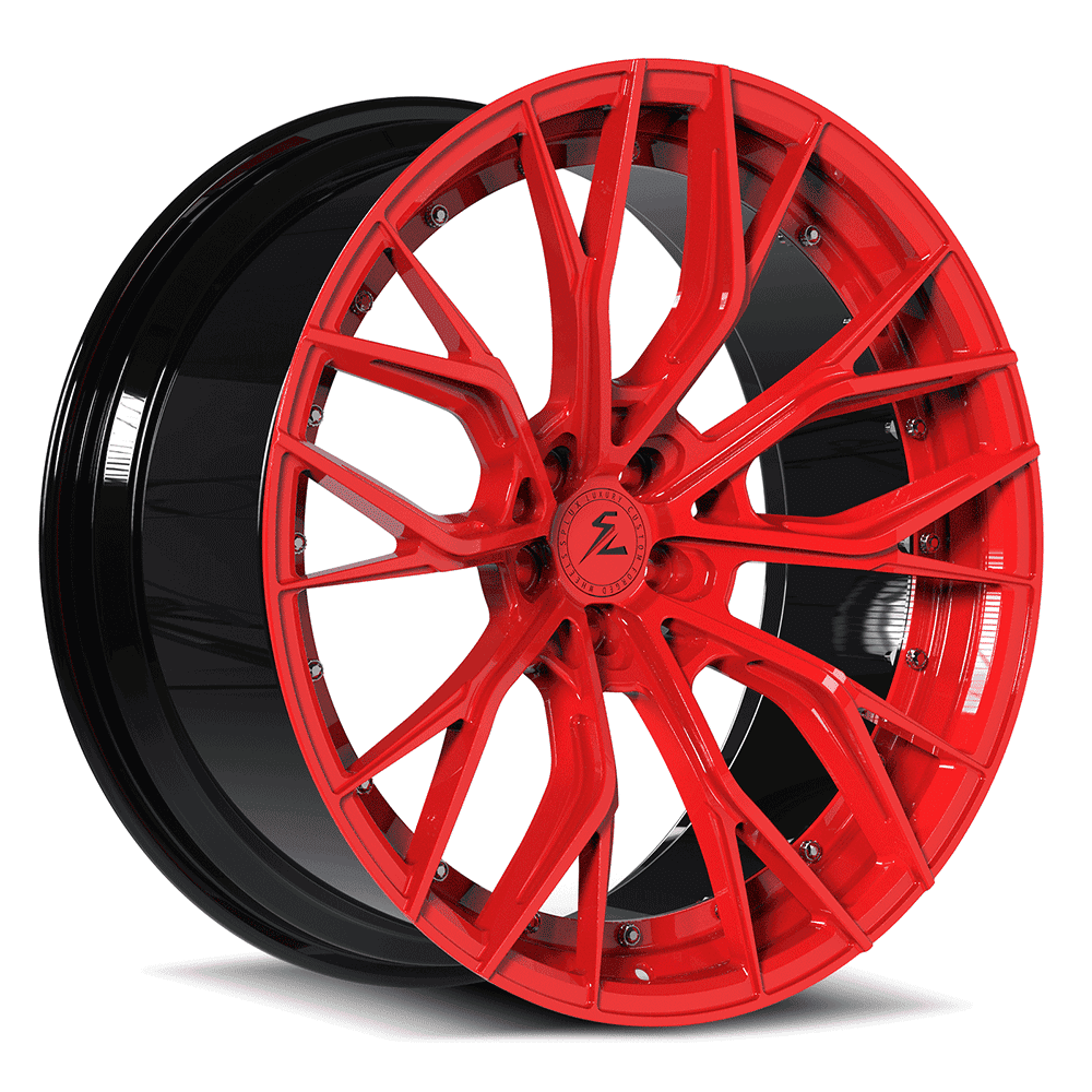 Red and black Jeep rims available in 16-26 inch. Custom powder-coated finish and custom offset for a super concave look.
