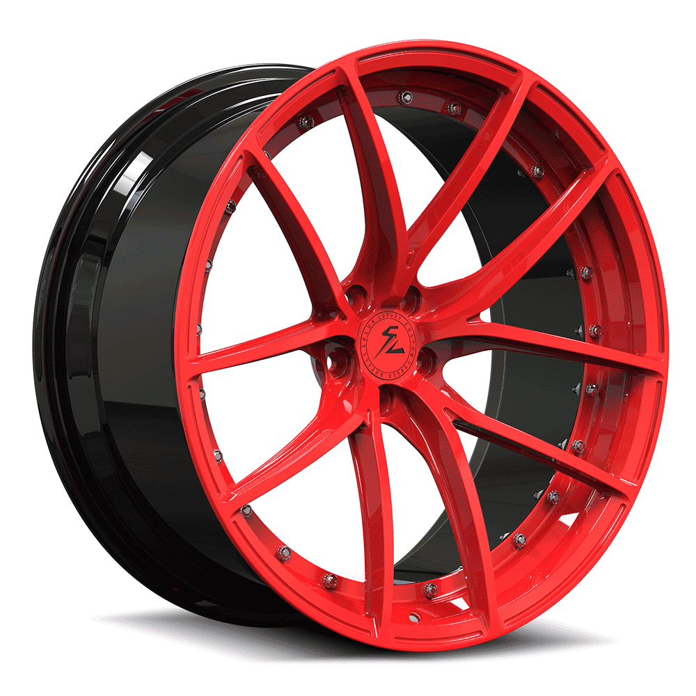 Black Corvette with red rims from Splux. The best aftermarket Corvette C8 wheels with a super concave style.