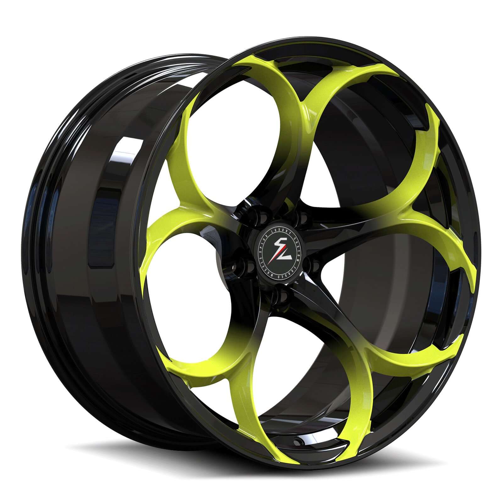 Stingray/Z51 C8 Corvette wheels featuring an Accelerate Yellow fade-to-black finish.