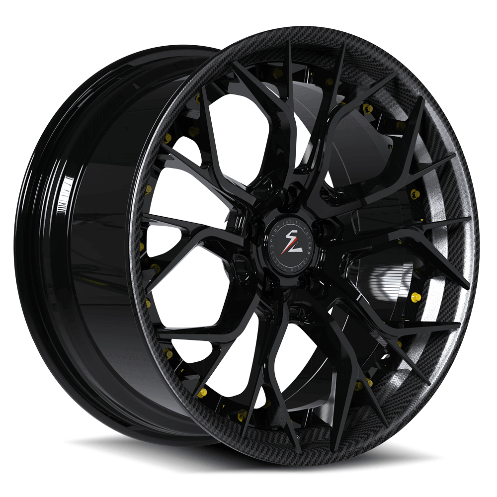 SA-06 carbon fiber and black Challenger aftermarket wheels with forged 2-piece construction.