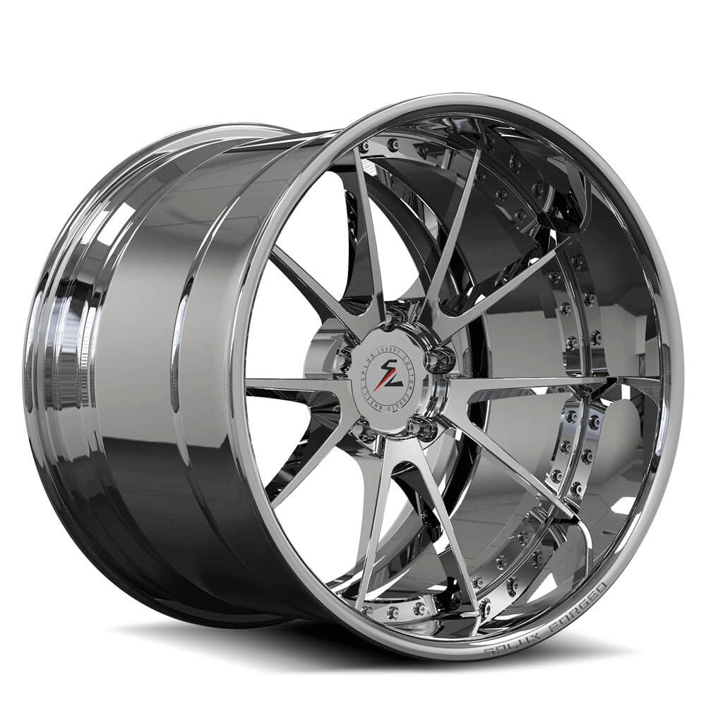 Chrome blue Mustang wheels with deep dish rims,5-lug,10-spoke design,custom forged 21" aftermarket wheels by Splux.