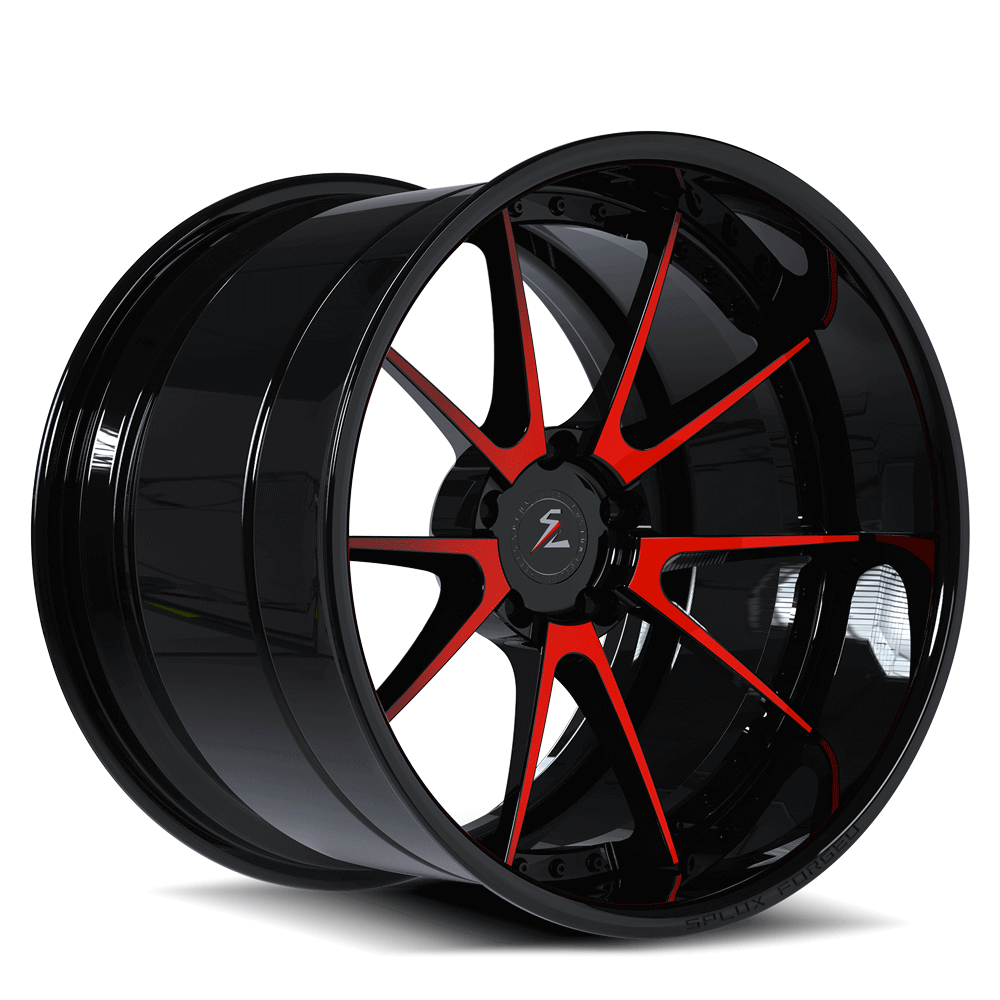 Deep dish Mustang rims in red and black,5-lug,10-spoke design,custom forged 2-piece aftermarket wheels by Splux SD-04.