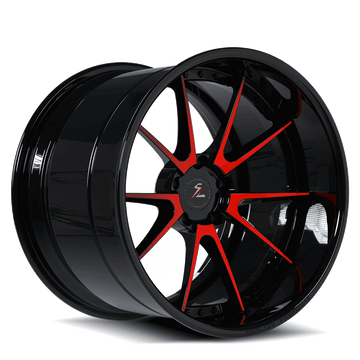 Deep dish Mustang rims in red and black,5-lug,10-spoke design,custom forged 2-piece aftermarket wheels by Splux SD-04.