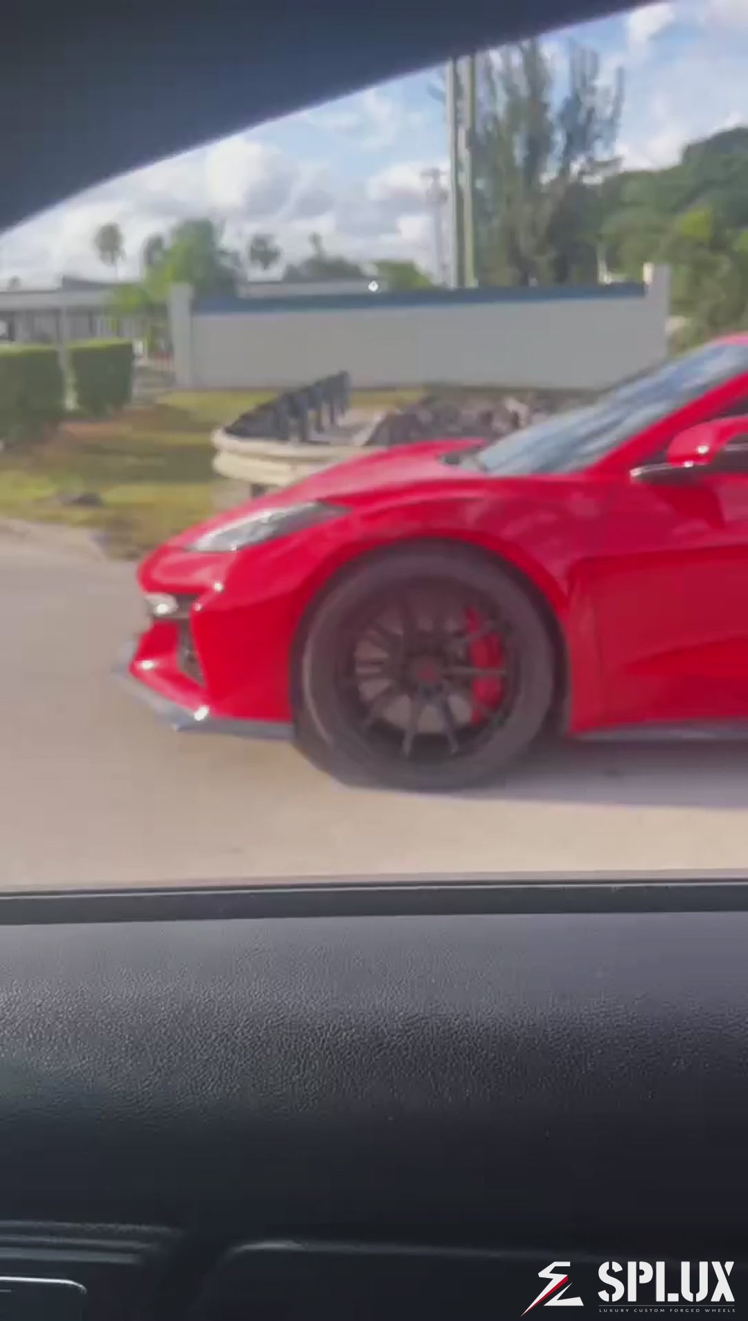 SL-C07 Forged 2-Piece wheel on torch red vehicle, featuring ultra concave design and full black finish with Corvette C8 emblems.