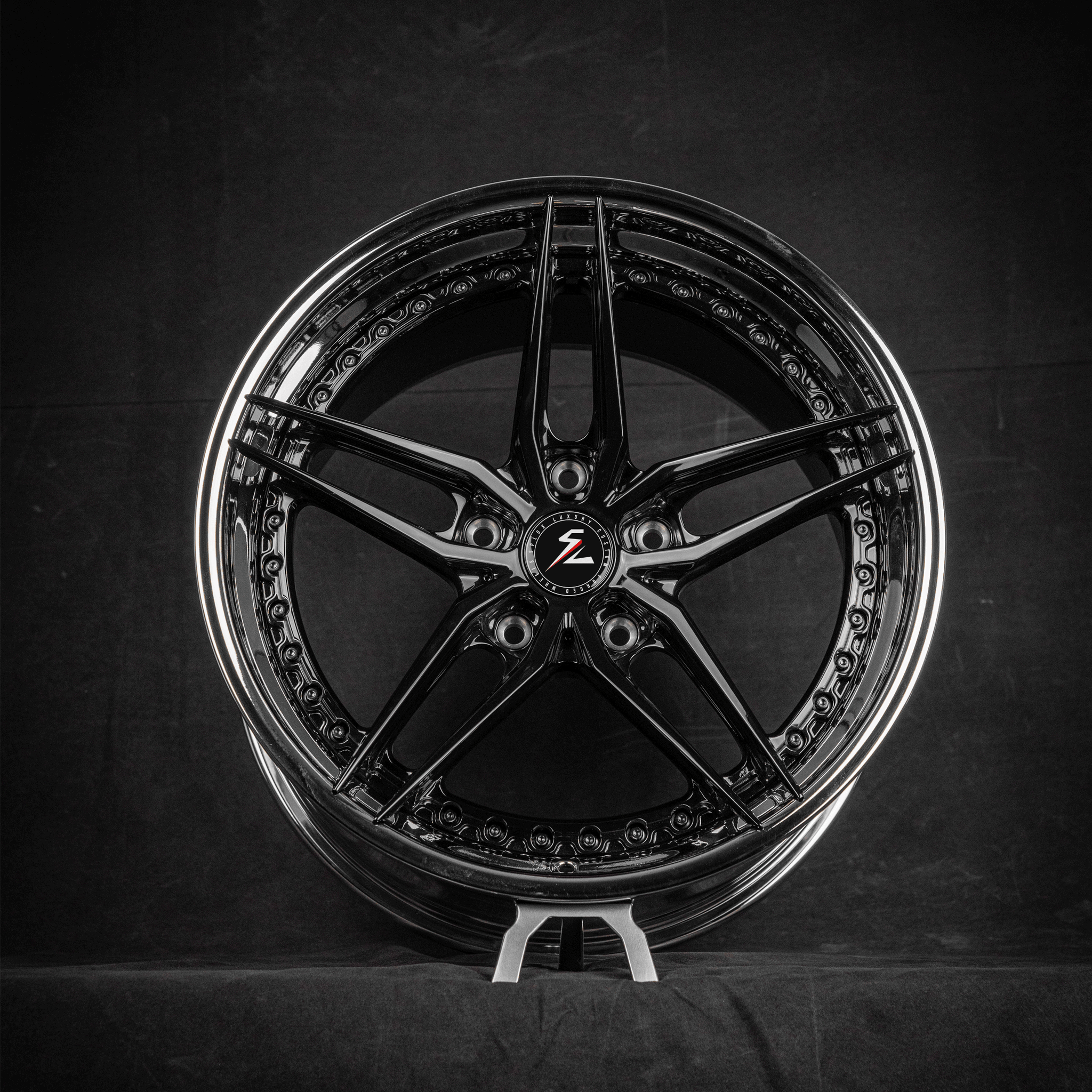 Splux SA-01 19-inch custom forged 2-piece black chrome wheels for 2008 Porsche 911 Turbo. Concave, aggressive 5-spoke design for luxury.