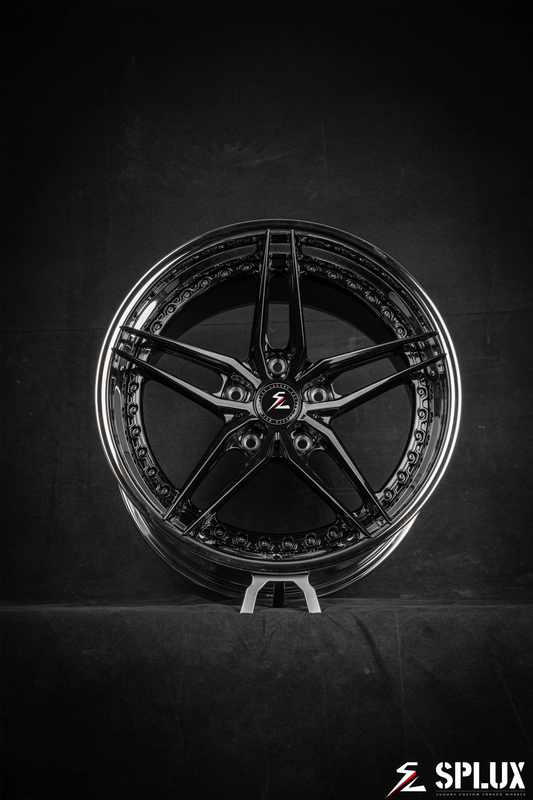 Splux SA-01 19-inch custom forged 2-piece black chrome wheels for 2008 Porsche 911 Turbo. Concave, aggressive 5-spoke design for luxury.