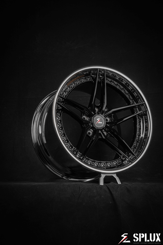 Custom forged 2-piece black chrome wheels for 2008 Porsche 911 Turbo. Splux SA-01, aggressive 5-spoke, luxury, and concave design.