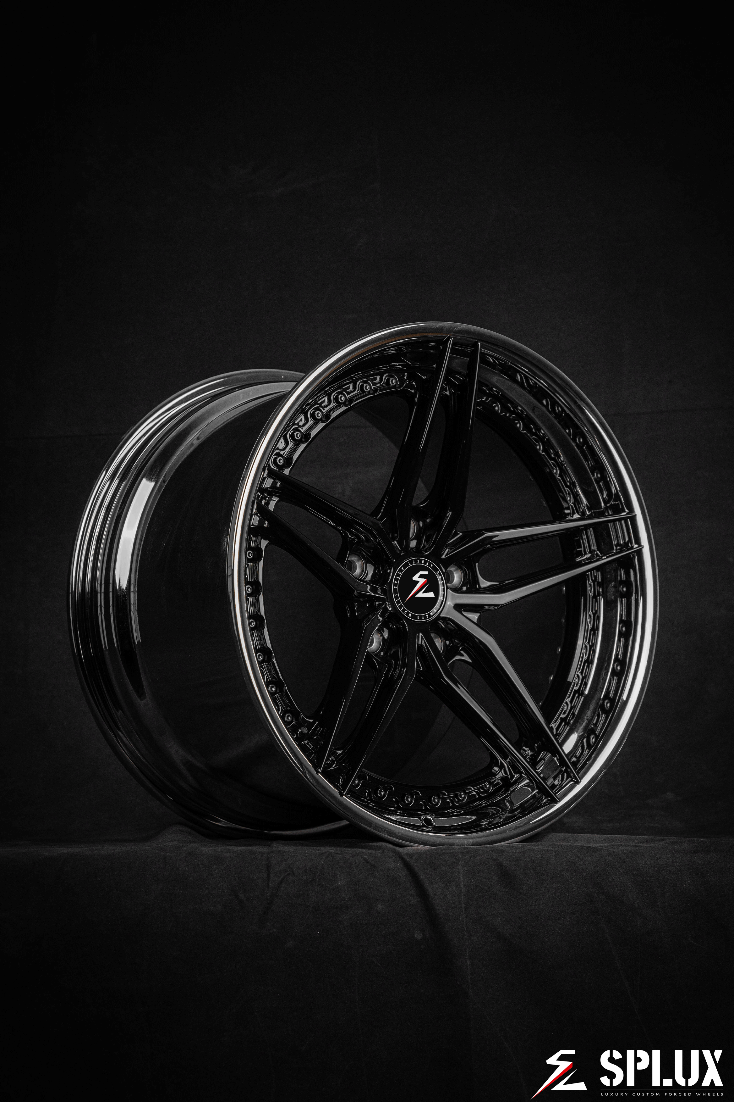 Splux SA-01 custom forged 2-piece wheels for 2008 Porsche 911 Turbo. 19-inch black chrome rims with concave and aggressive 5-spoke design.