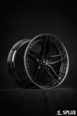 Splux SA-01 custom forged 2-piece wheels for 2008 Porsche 911 Turbo. 19-inch black chrome rims with concave and aggressive 5-spoke design.