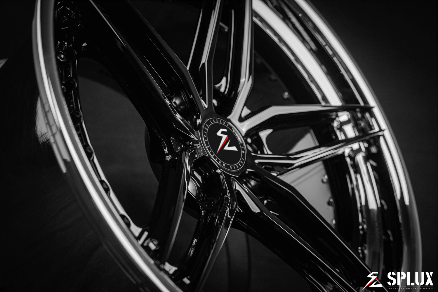 Splux SA-01 19-inch black chrome wheels for 2008 Porsche 911. Custom forged 2-piece, concave, aggressive 5-spoke, luxury aftermarket rims.