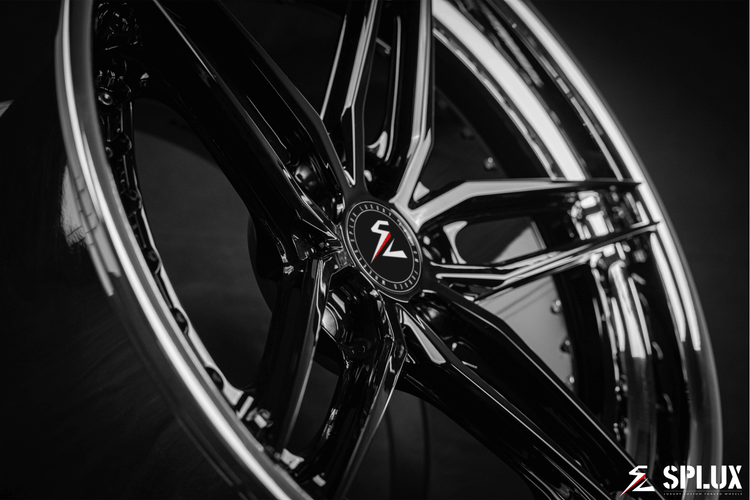 Splux SA-01 19-inch black chrome wheels for 2008 Porsche 911. Custom forged 2-piece, concave, aggressive 5-spoke, luxury aftermarket rims.