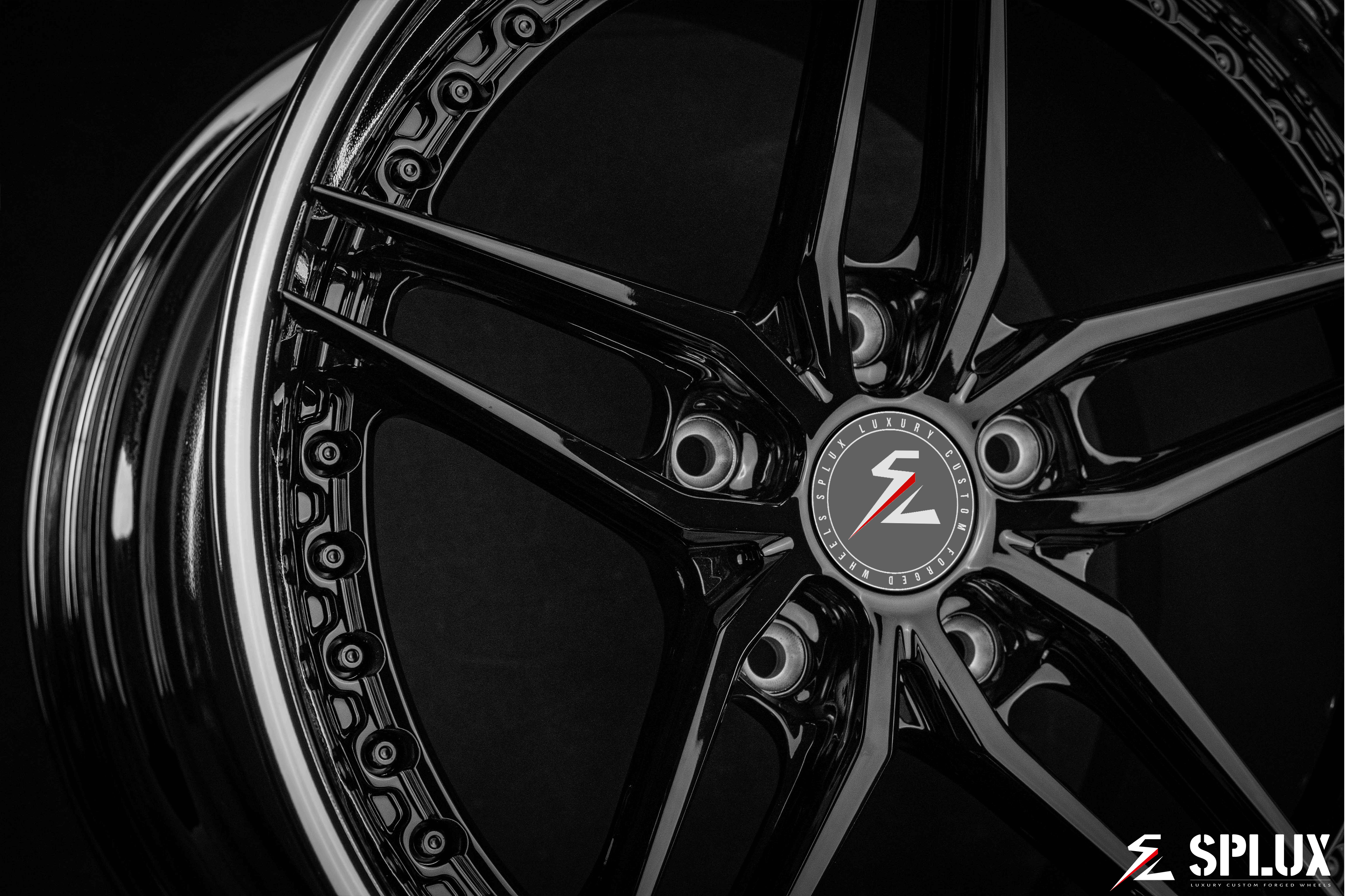 2008 Porsche 911 aftermarket wheels by Splux SA-01. Custom forged 2-piece black chrome, concave, aggressive 5-spoke design, 19-inch luxury rims.