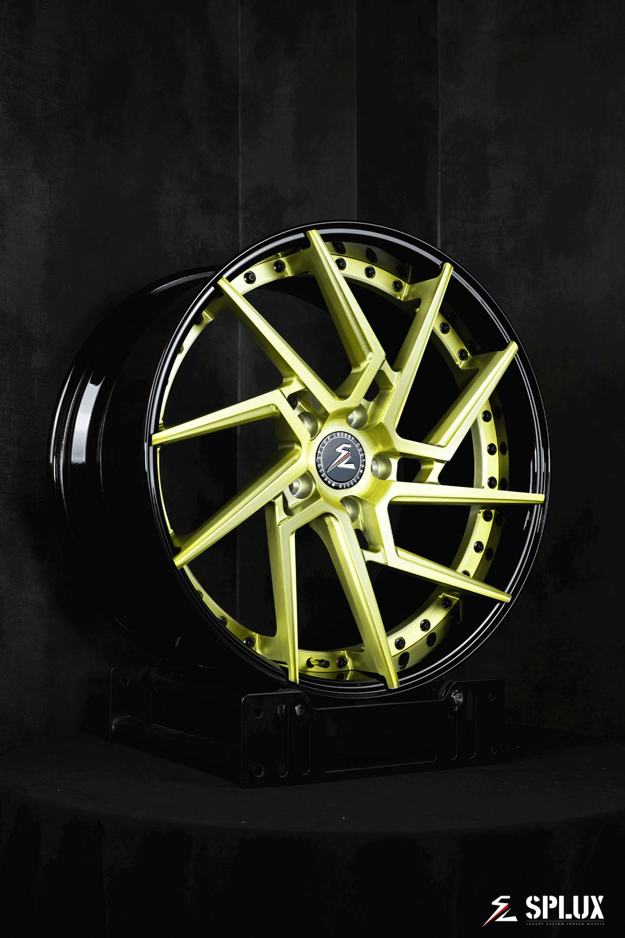 Super concave 19 x 8.5 brushed gold wheels with floating spokes for 2020 Corvette C8 Z51, emphasizing rotational design.