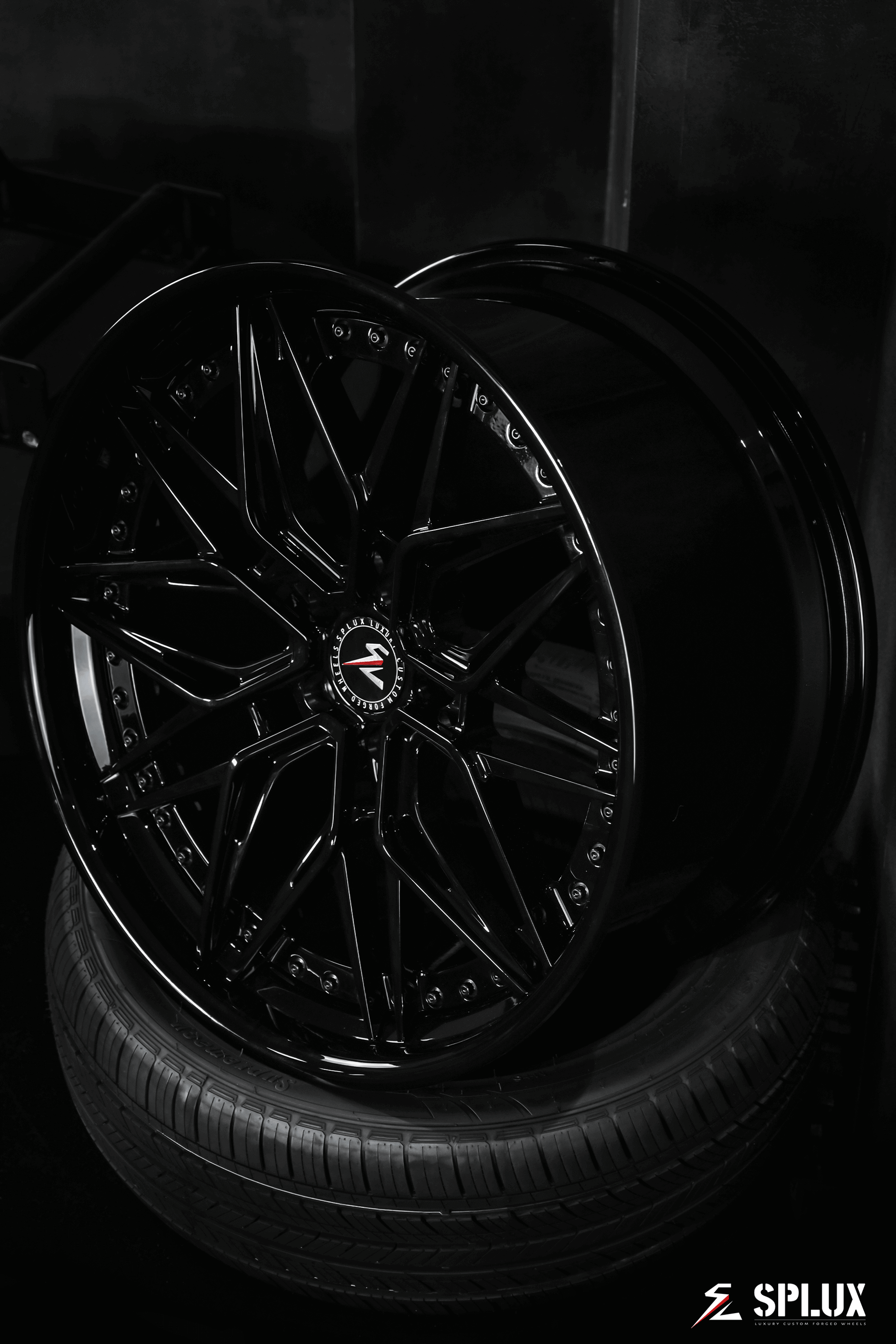 Splux SC-02 custom forged 2-piece black wheels for 2012 Model S. Aggressive, concave, deep dish 21-inch luxury aftermarket rims.