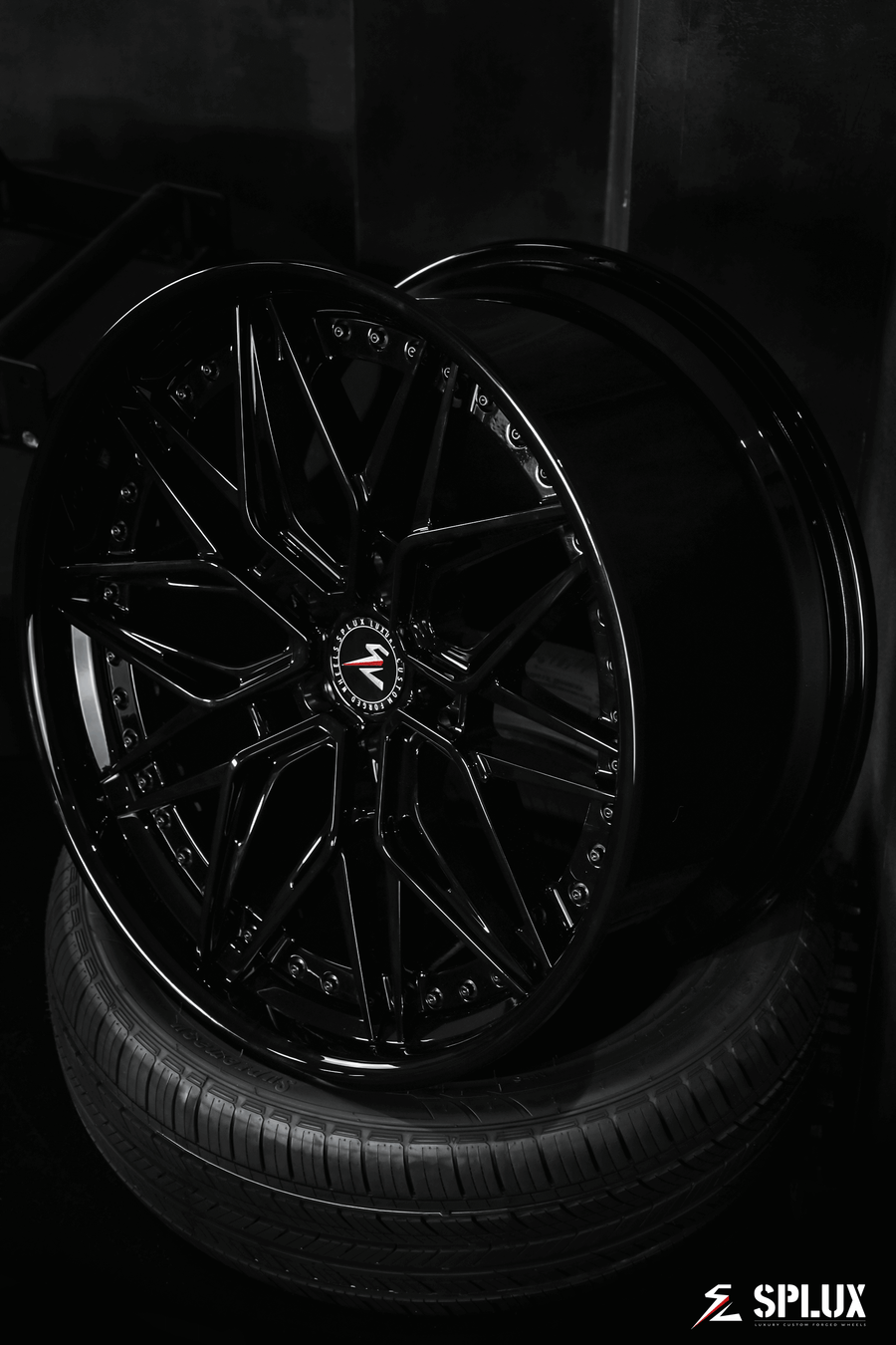 Splux SC-02 custom forged 2-piece black wheels for 2012 Model S. Aggressive, concave, deep dish 21-inch luxury aftermarket rims.