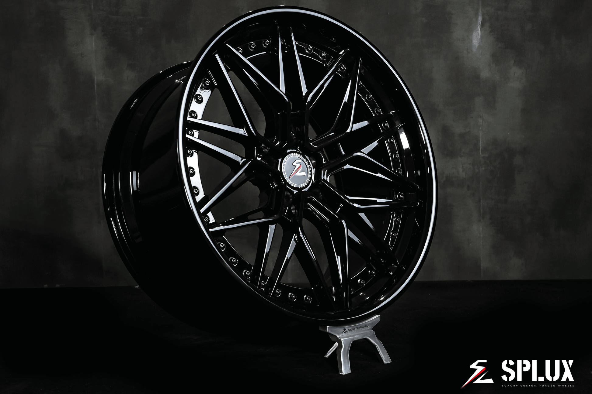 Splux SC-02 custom forged 2-piece black rims for 2012 Tesla Model S. Aggressive, concave, deep dish 21-inch luxury aftermarket wheels.
