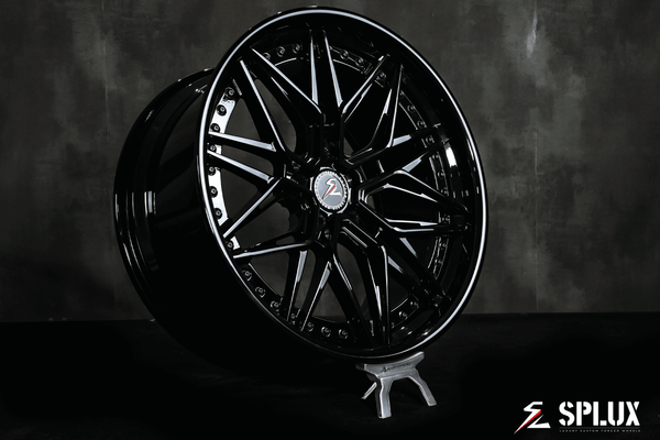 Splux SC-02 custom forged 2-piece black rims for 2012 Tesla Model S. Aggressive, concave, deep dish 21-inch luxury aftermarket wheels.
