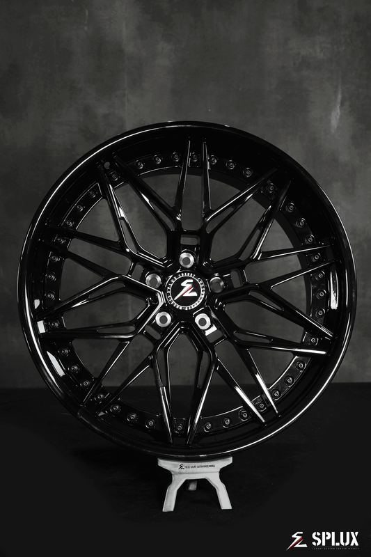 Splux SC-02 custom forged 2-piece black wheels for 2012 Tesla Model S. Aggressive, concave, and deep dish 21-inch aftermarket rims.