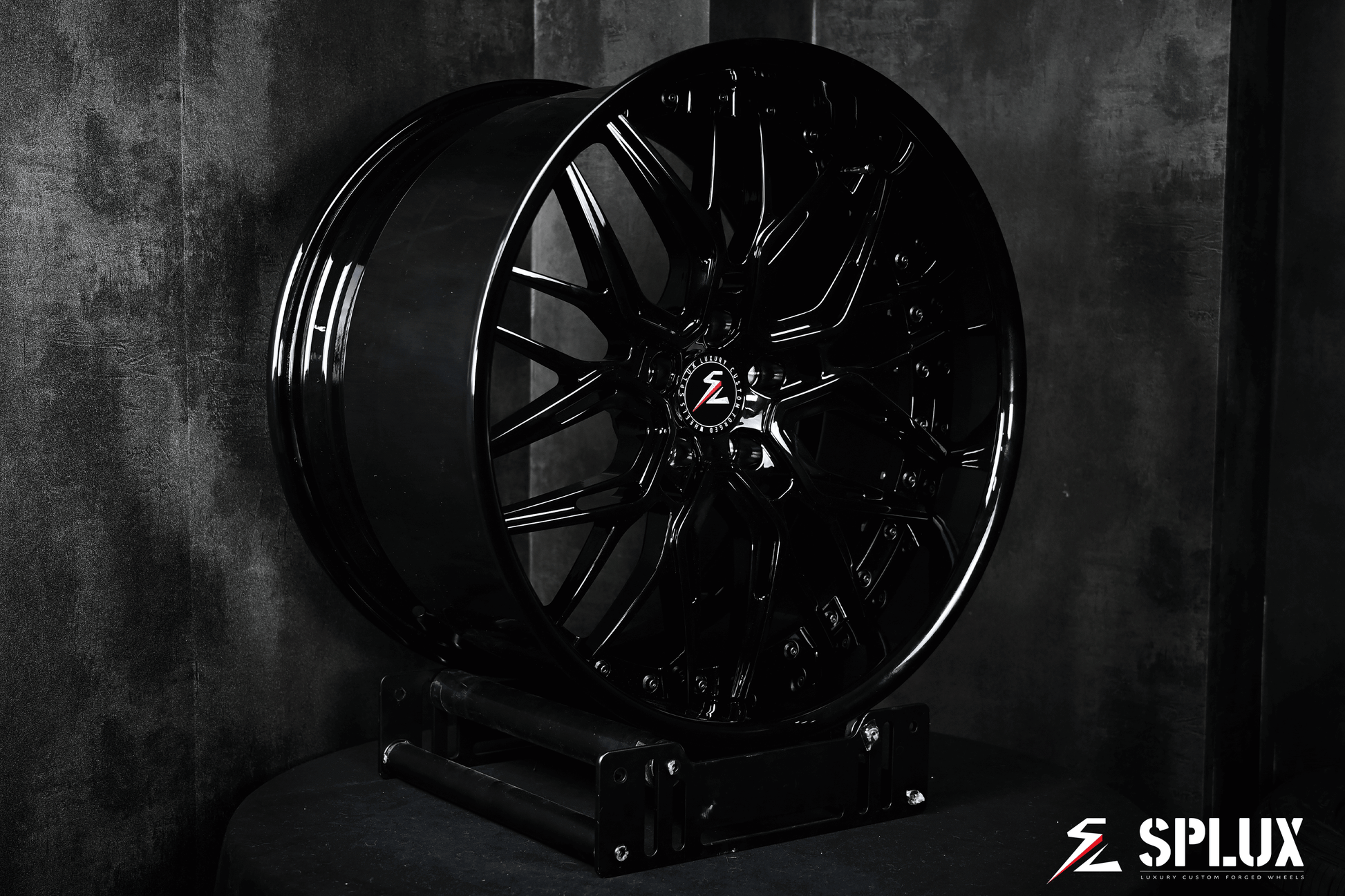 Custom Splux SC-02 2024 C8 Corvette aftermarket wheels: Z06 fit, 20, 21 inch, concave forged 2-piece, with a sleek black finish.