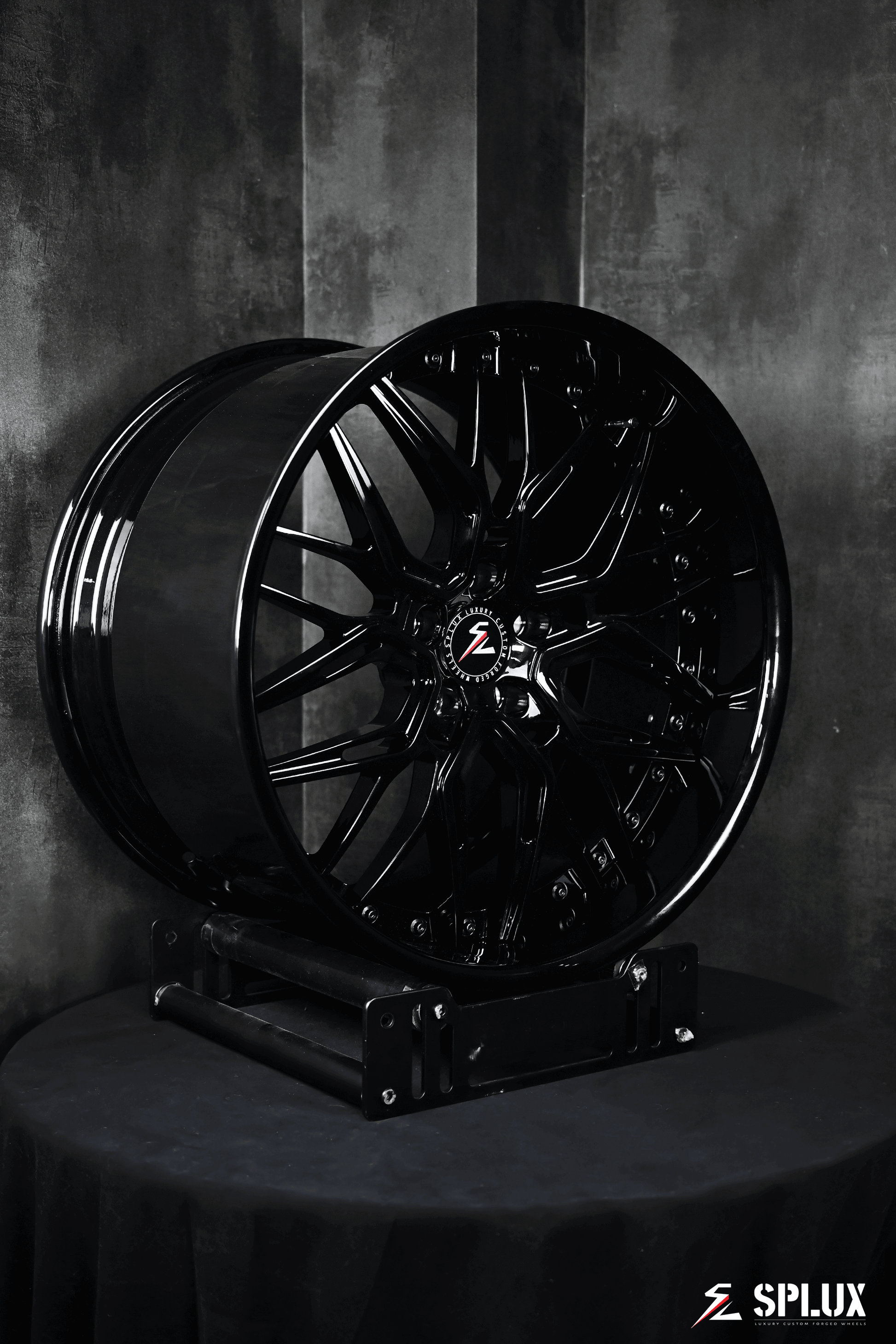 Custom Splux SC-02 2024 C8 Corvette aftermarket Z06 rims: 20, 21 inch, concave forged 2-piece, black style for a bold look.