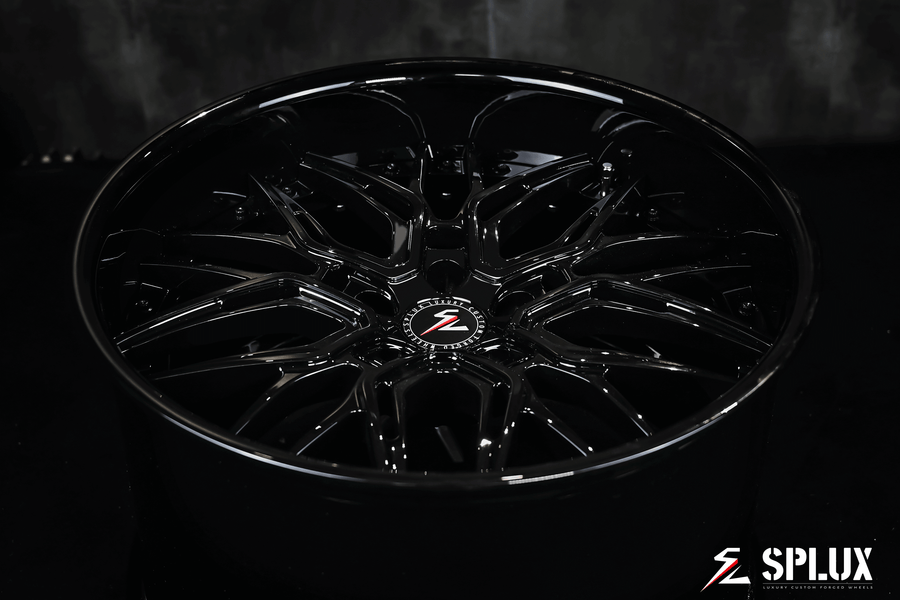 Splux SC-02 2024 Corvette C8 aftermarket wheels: Z06 design,custom 20, 21 inch, concave forged 2-piece, in glossy black.