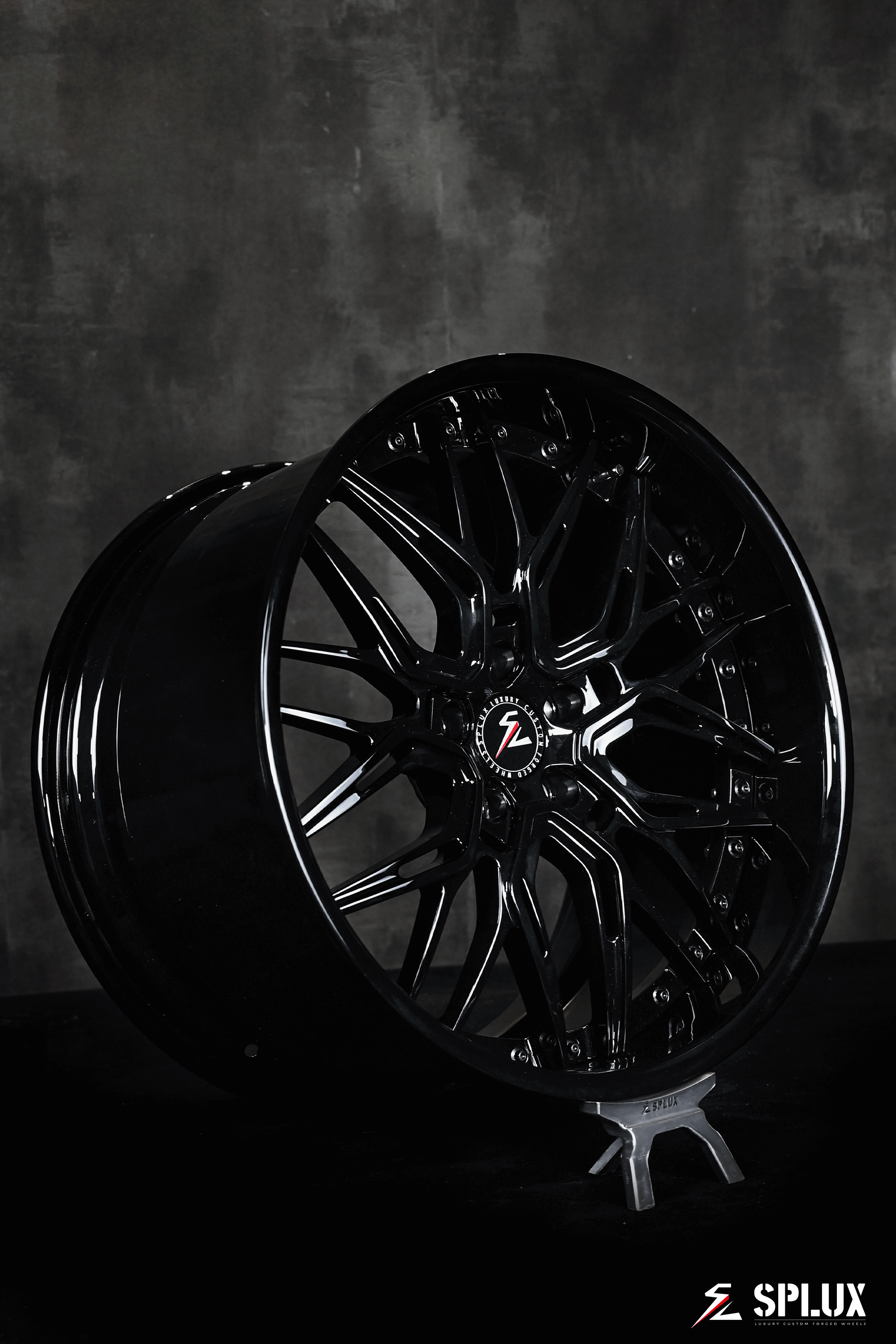Splux SC-02 2024 C8 corvette custom wheels: zo6 rims, 20, 21 inch, concave forged 2-piece, finished in striking black.