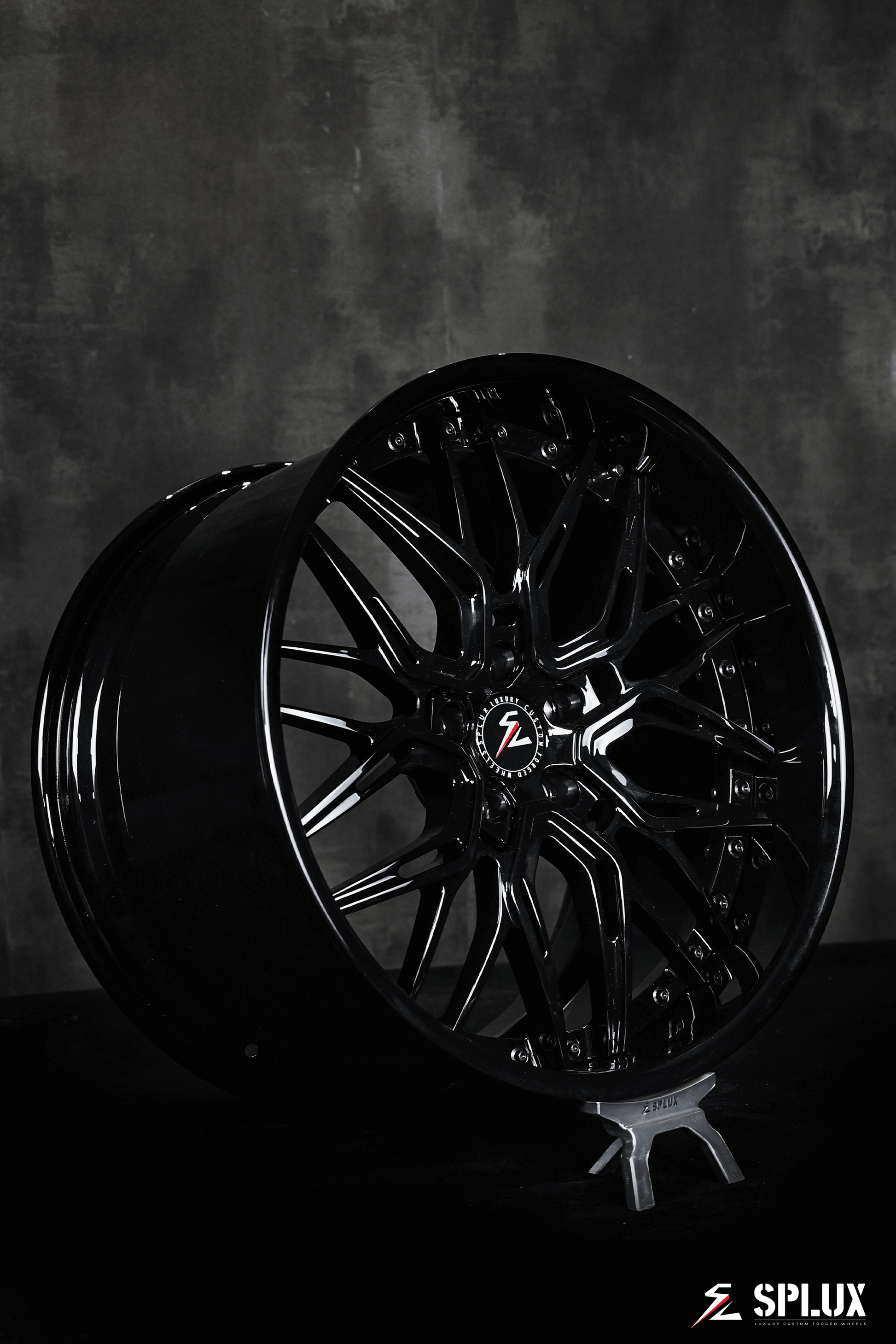 Splux SC-02 2024 C8 corvette custom wheels: zo6 rims, 20, 21 inch, concave forged 2-piece, finished in striking black.