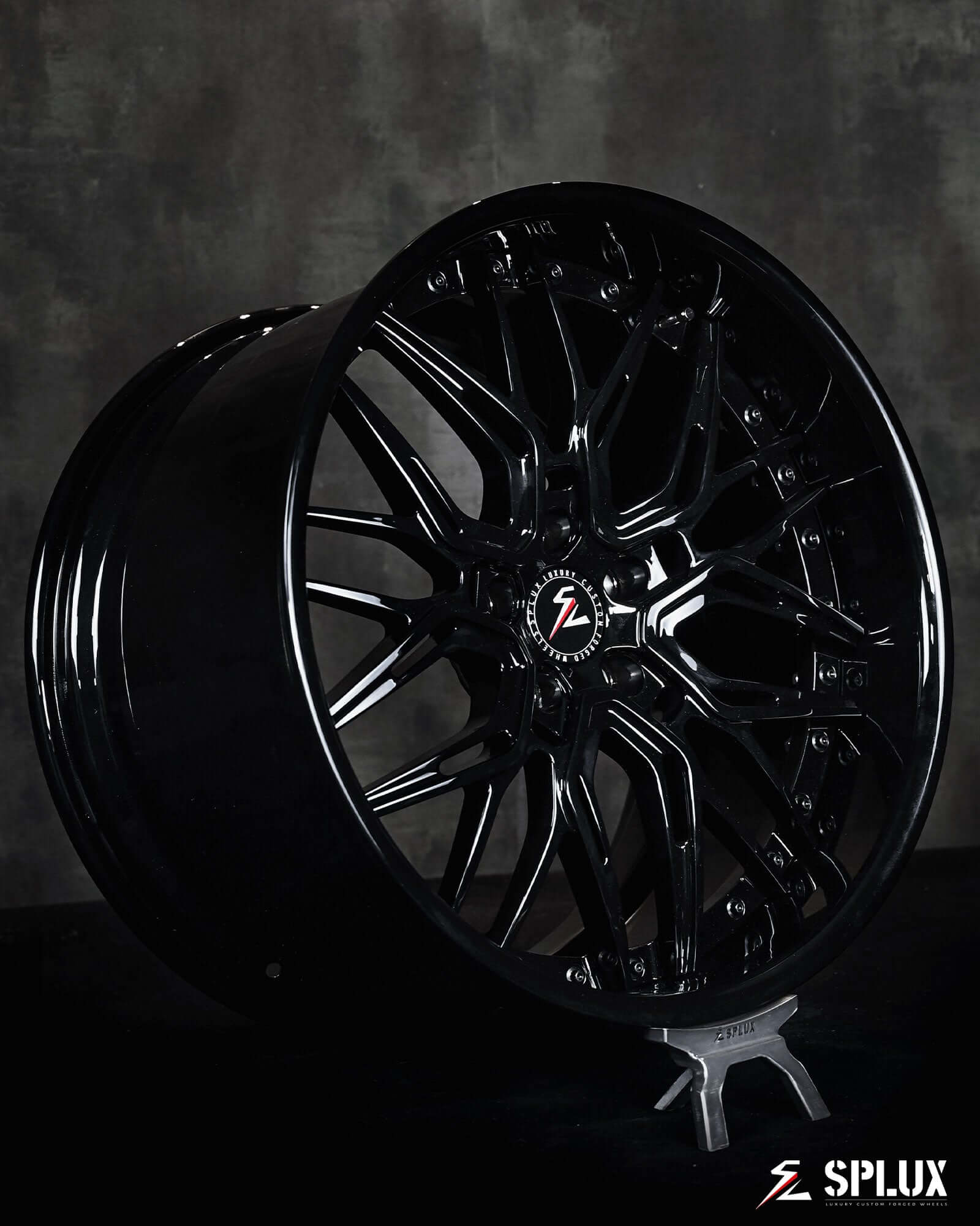C8 corvette with custom wheels by Splux SC-02, 20, 21 inch concave zo6 aftermarket rims, forged black finish.