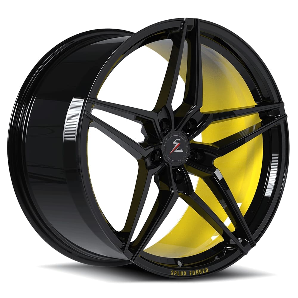 C5 5-spoke wheels matched to the body color—yellow inner barrel with a black. Custom center caps for truly unique wheels.