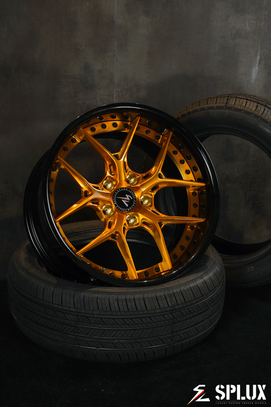 Custom camaro wheels by Splux SD-02 forged 2-piece,featuring deep dish Y-spoke design in black and gold,18/19 inch.