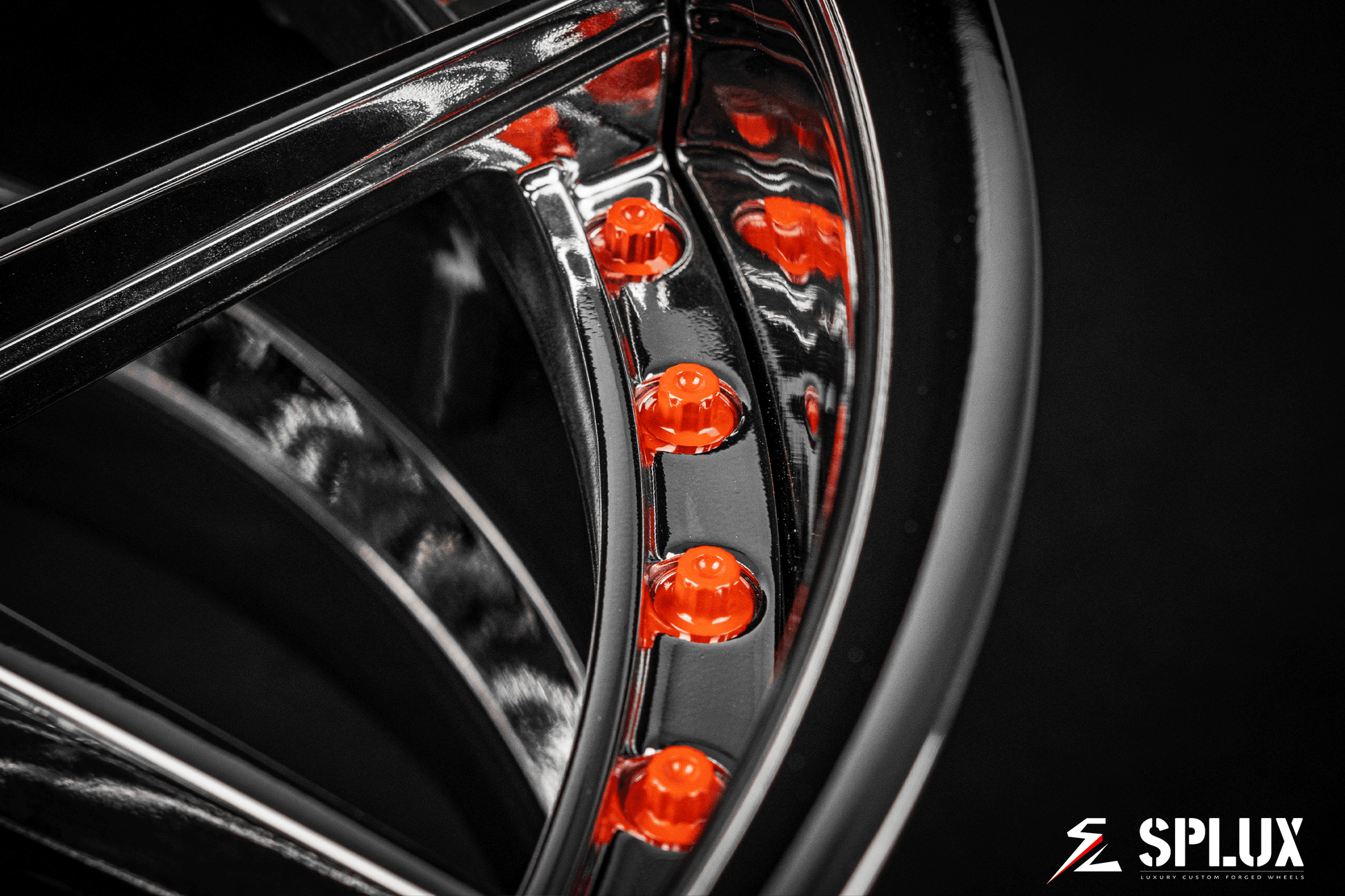 Splux SD-02 20-inch custom forged 2-piece y-spoke chrome wheels with orange rivets and deep dish lip for 2020 Ford Mustang