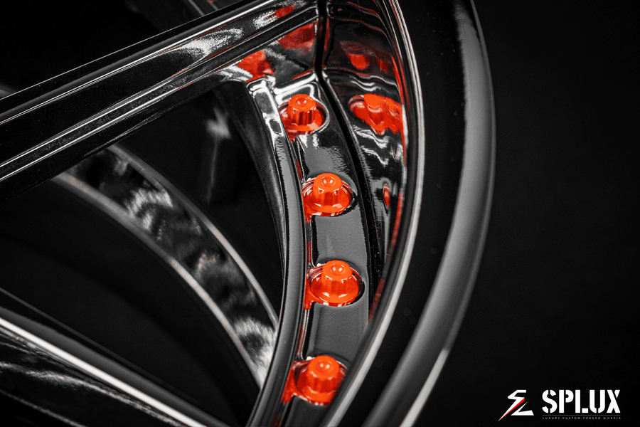 Splux SD-02 20-inch custom forged 2-piece y-spoke chrome wheels with orange rivets and deep dish lip for 2020 Ford Mustang