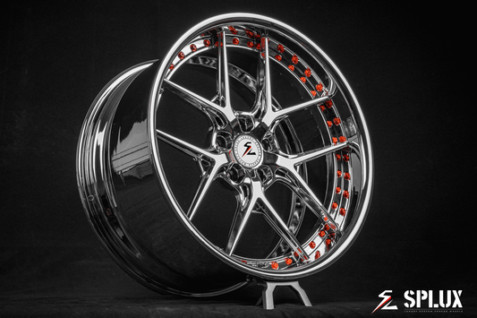 Splux SD-02 custom forged 2-piece y-spoke chrome wheels with orange rivets, deep dish lip design for 2020 Ford Foxbody Mustang, 20-inch