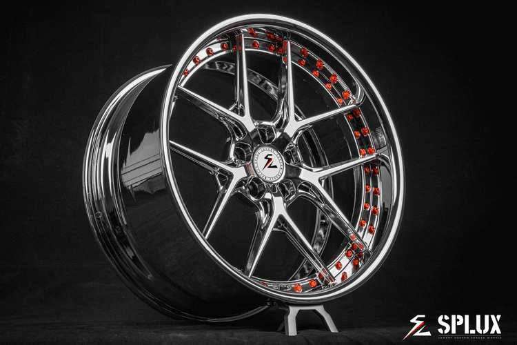 Splux SD-02 custom forged 2-piece y-spoke chrome wheels with orange rivets, deep dish lip design for 2020 Ford Foxbody Mustang, 20-inch