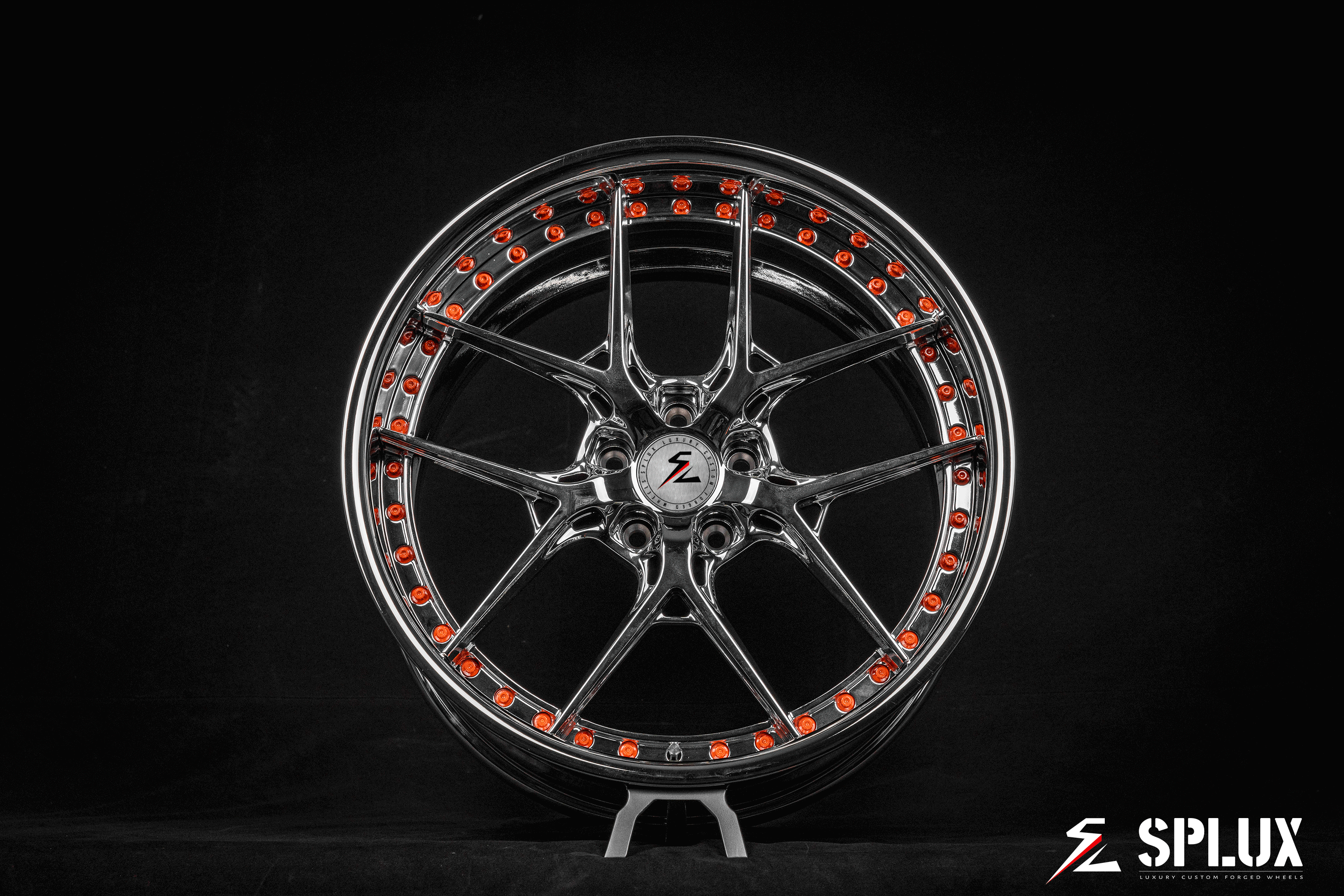 Splux SD-02 custom forged 2-piece y-spoke chrome wheels with orange rivets, deep dish lip for 2020 Ford Fox Body Mustang, 20-inch