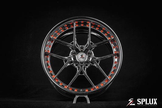 Splux SD-02 custom forged 2-piece y-spoke chrome wheels with orange rivets, deep dish lip for 2020 Ford Fox Body Mustang, 20-inch