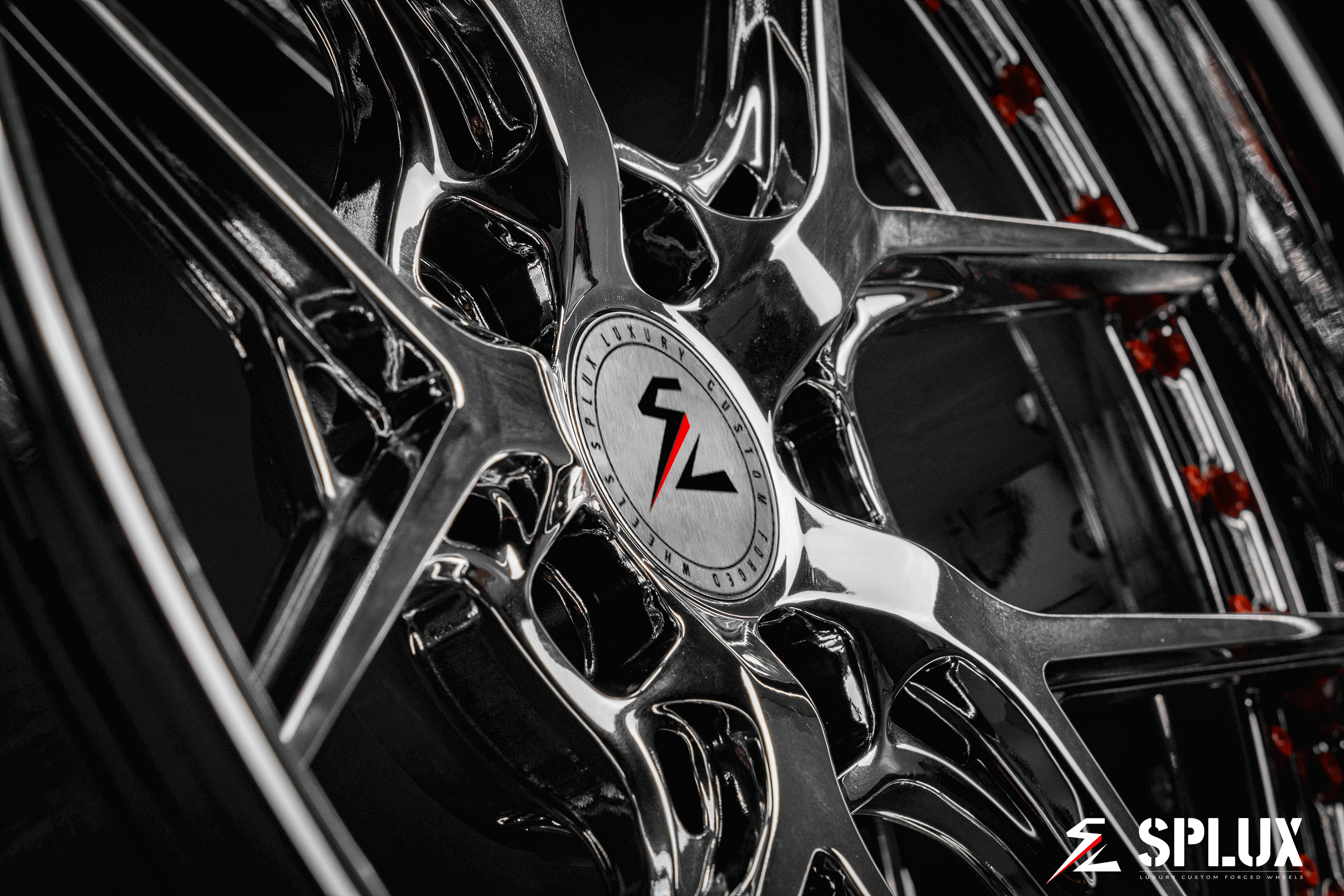 Splux SD-02 custom forged 2-piece chrome y-spoke wheels with orange rivets and deep dish lip for 2020 Ford Mustang, 20-inch