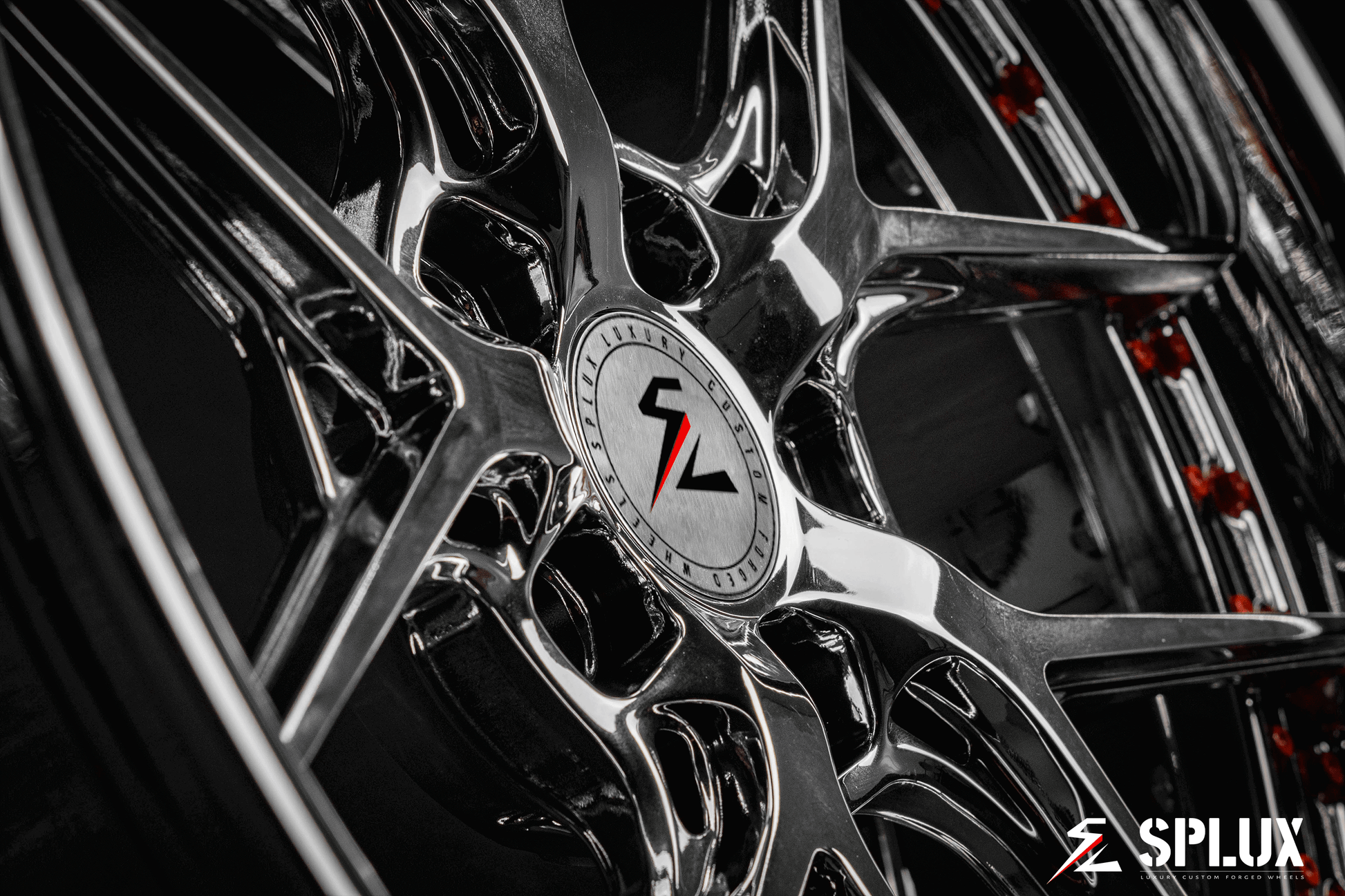 Splux SD-02 custom forged 2-piece chrome y-spoke wheels with orange rivets and deep dish lip for 2020 Ford Mustang, 20-inch
