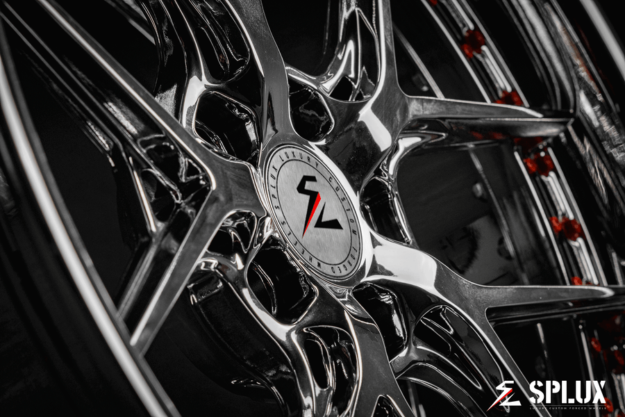 Splux SD-02 custom forged 2-piece chrome y-spoke wheels with orange rivets and deep dish lip for 2020 Ford Mustang, 20-inch
