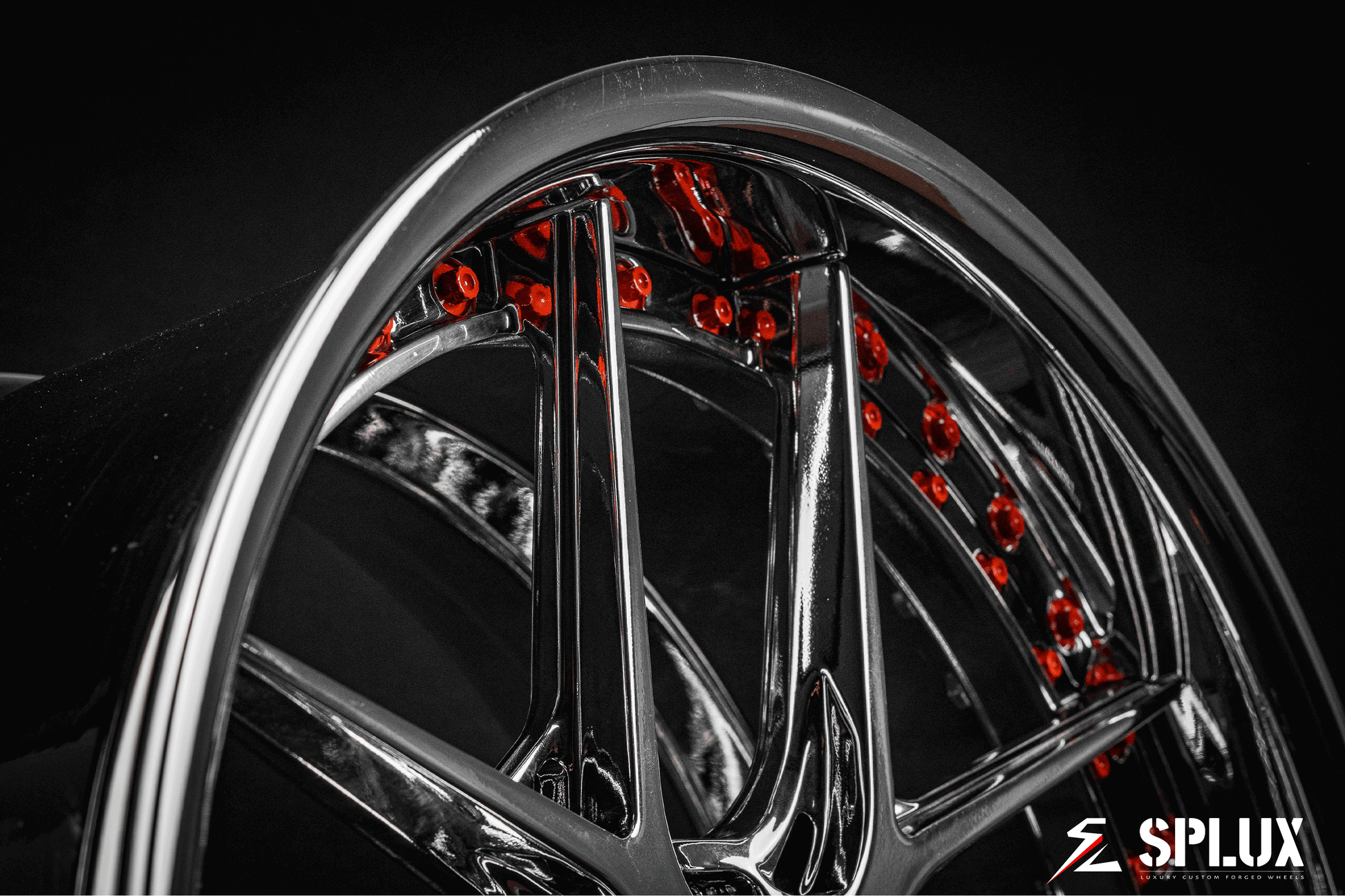 Splux SD-02 custom forged 2-piece y-spoke chrome wheels with orange rivets, deep dish lip, and 20-inch fit for 2020 Ford Mustang bolt pattern