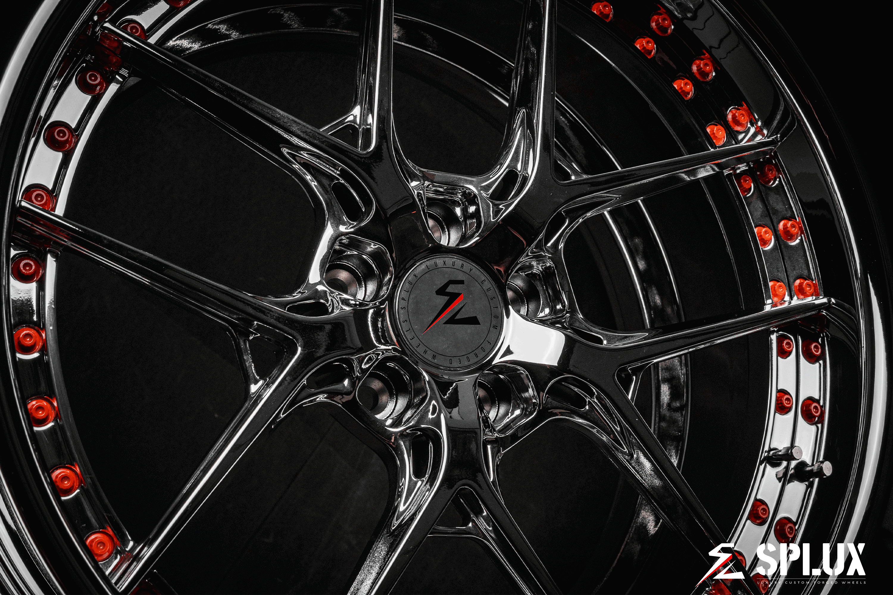 Splux SD-02 custom forged 2-piece y-spoke chrome wheels with orange rivets and deep dish lip for 2020 Ford Classic Mustang Convertible, 20-inch