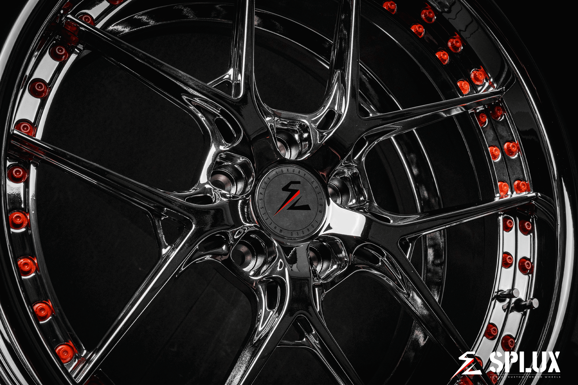 Splux SD-02 custom forged 2-piece y-spoke chrome wheels with orange rivets and deep dish lip for 2020 Ford Classic Mustang Convertible, 20-inch