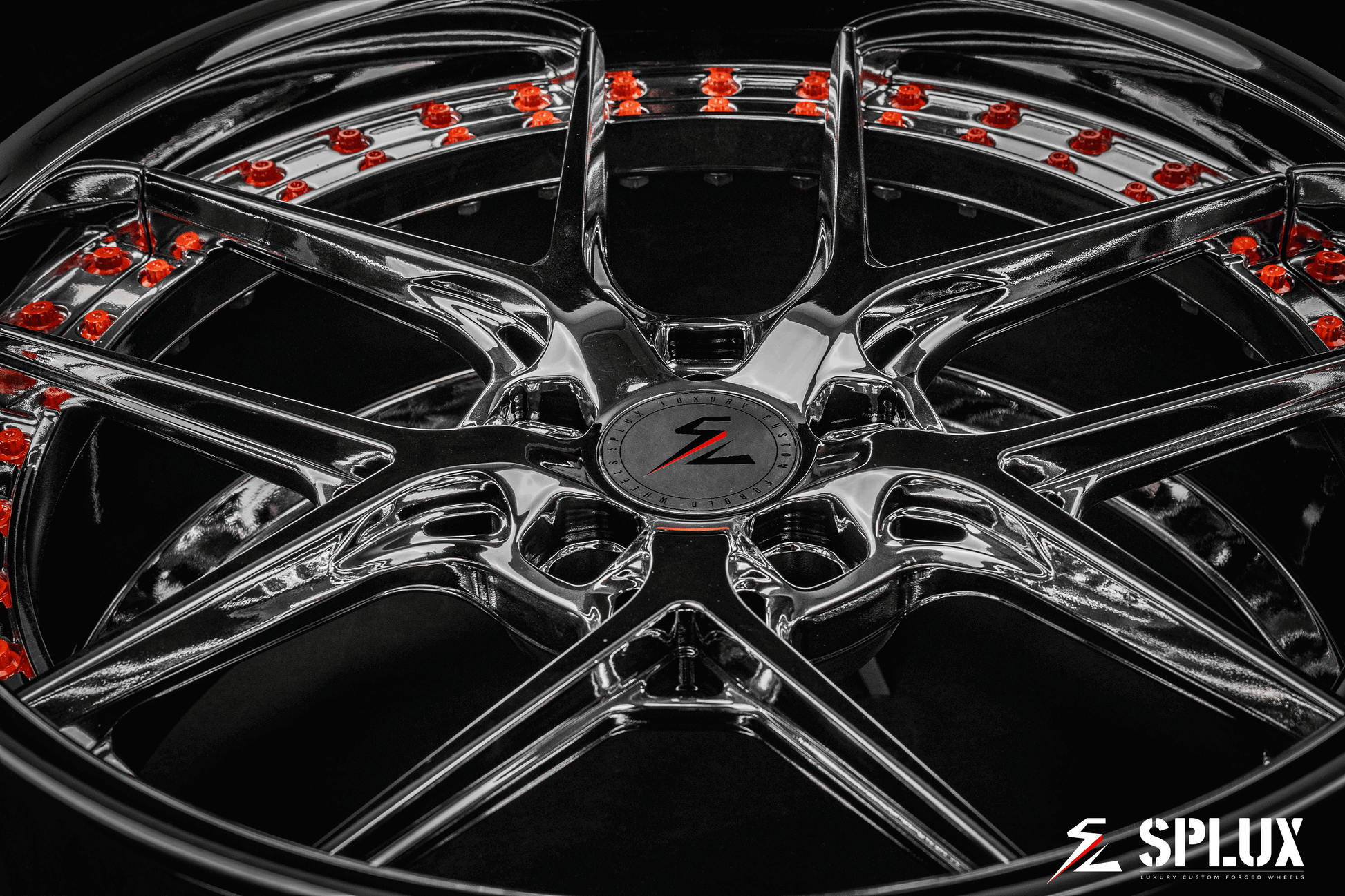 Splux SD-02 20-inch custom forged 2-piece y-spoke chrome rims with orange rivets and deep dish lip for 2020 Ford Mustang